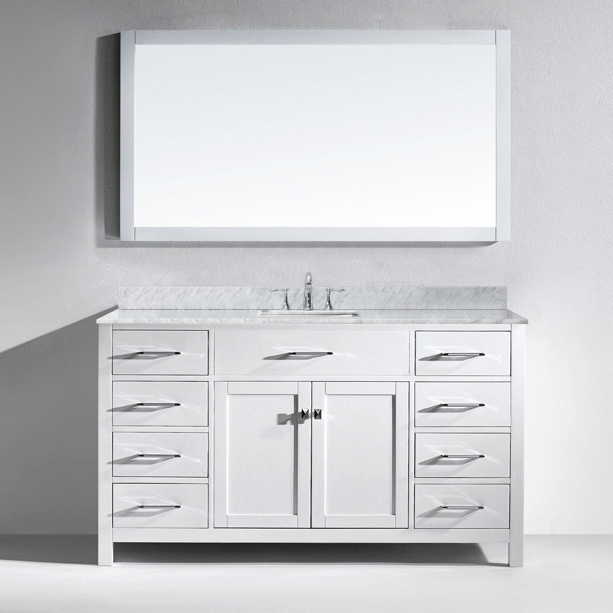 Virtu USA Caroline 60" Single Bath Vanity with White Marble Top and Square Sink with Polished Chrome Faucet with Matching Mirror