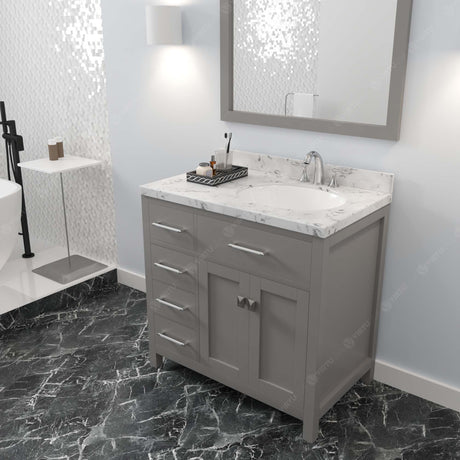 Virtu USA Caroline Parkway 36" Single Bath Vanity with White Quartz Top and Round Sink with Polished Chrome Faucet with Matching Mirror