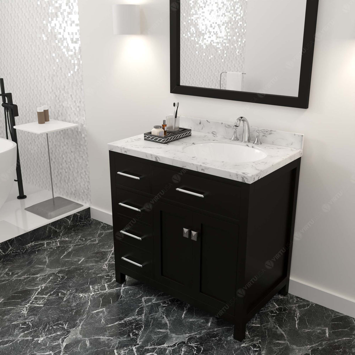 Virtu USA Caroline Parkway 36" Single Bath Vanity with White Quartz Top and Round Sink with Polished Chrome Faucet with Matching Mirror