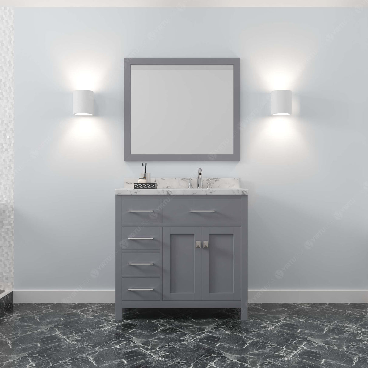 Virtu USA Caroline Parkway 36" Single Bath Vanity with White Quartz Top and Round Sink with Polished Chrome Faucet with Matching Mirror