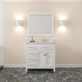 Virtu USA Caroline Parkway 36" Single Bath Vanity with White Quartz Top and Round Sink with Polished Chrome Faucet with Matching Mirror