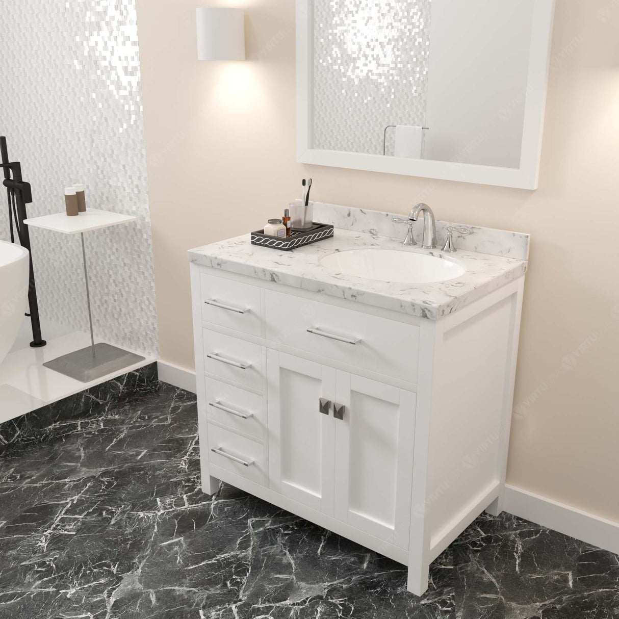 Virtu USA Caroline Parkway 36" Single Bath Vanity with White Quartz Top and Round Sink with Polished Chrome Faucet with Matching Mirror