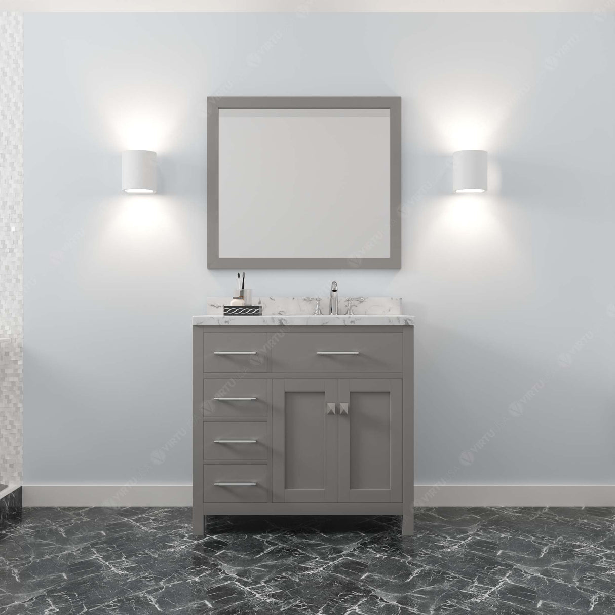 Virtu USA Caroline Parkway 36" Single Bath Vanity with White Quartz Top and Square Sink with Matching Mirror