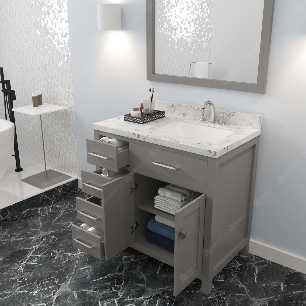 Virtu USA Caroline Parkway 36" Single Bath Vanity with White Quartz Top and Square Sink with Matching Mirror