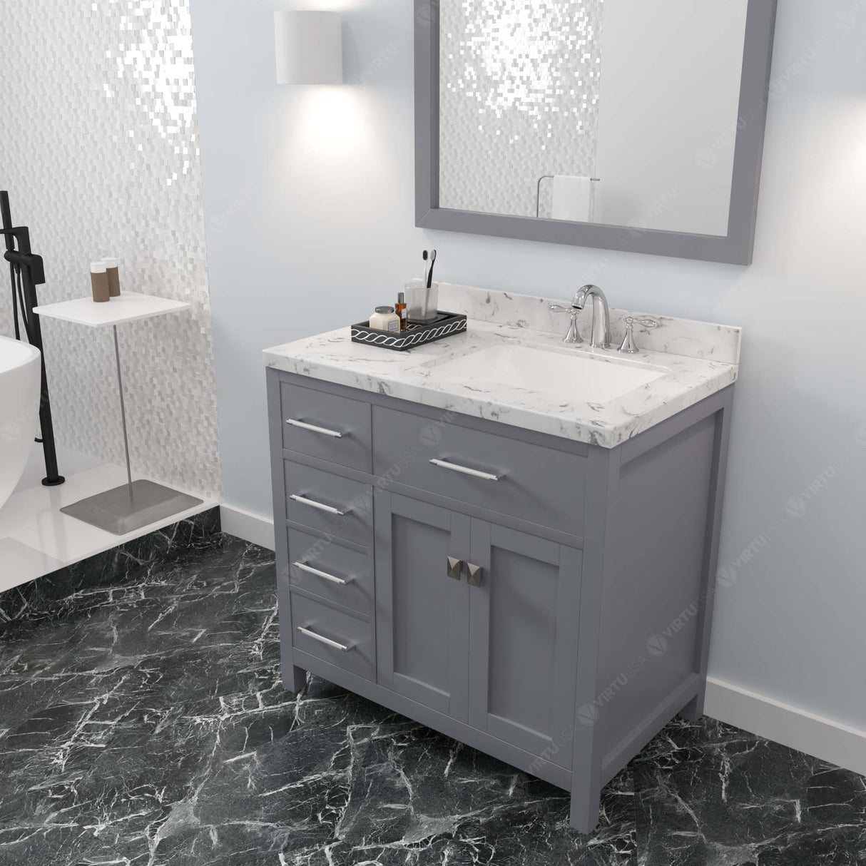 Virtu USA Caroline Parkway 36" Single Bath Vanity with White Quartz Top and Square Sink with Matching Mirror