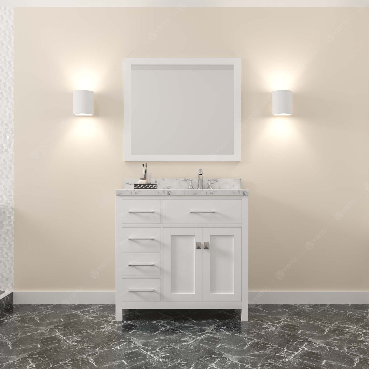 Virtu USA Caroline Parkway 36" Single Bath Vanity with White Quartz Top and Square Sink with Matching Mirror