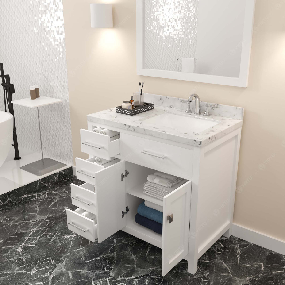 Virtu USA Caroline Parkway 36" Single Bath Vanity with White Quartz Top and Square Sink with Matching Mirror