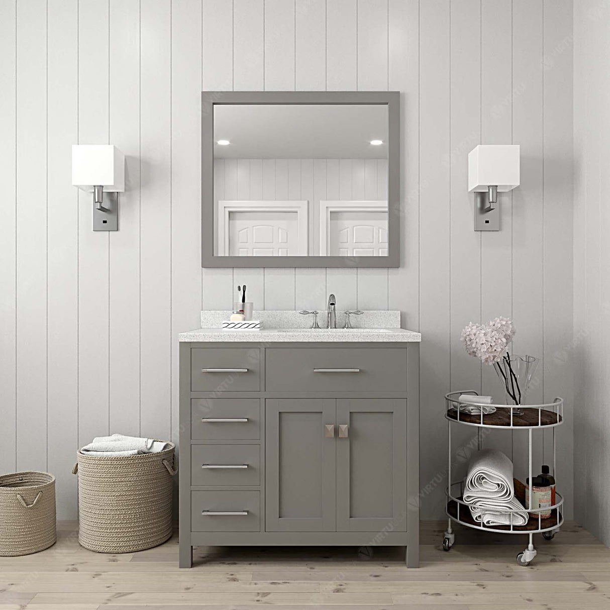 Virtu USA Caroline Parkway 36" Single Bath Vanity with Dazzle White Quartz Countertop and Round Sink with Polished Chrome Faucet with Matching Mirror