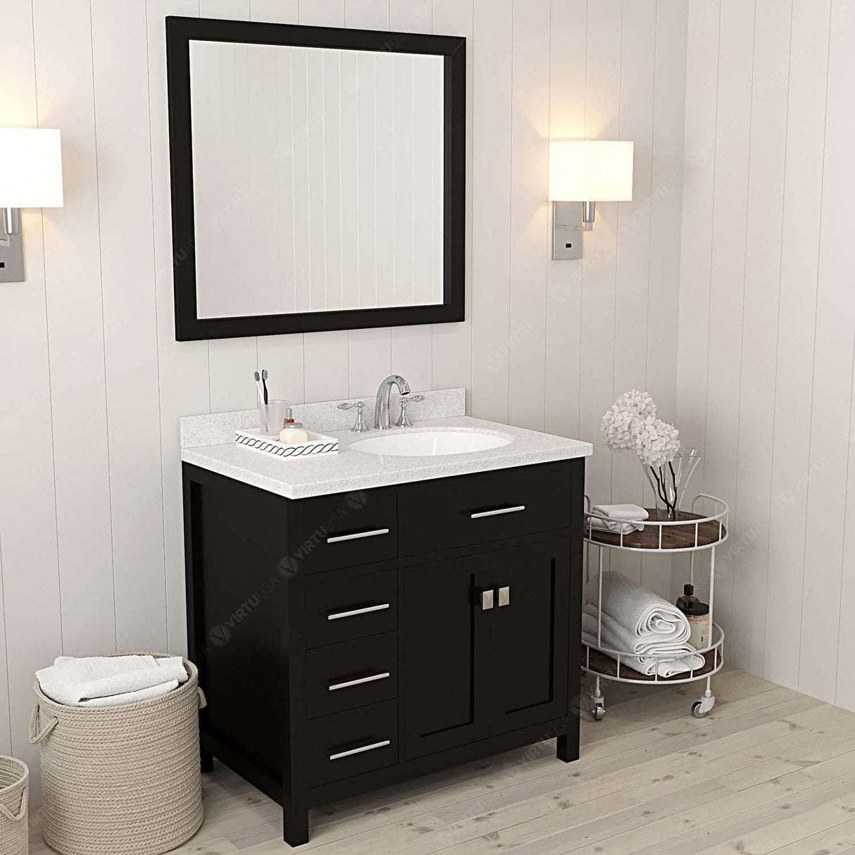 Virtu USA Caroline Parkway 36" Single Bath Vanity with Dazzle White Quartz Countertop and Round Sink with Brushed Nickel Faucet with Matching Mirror