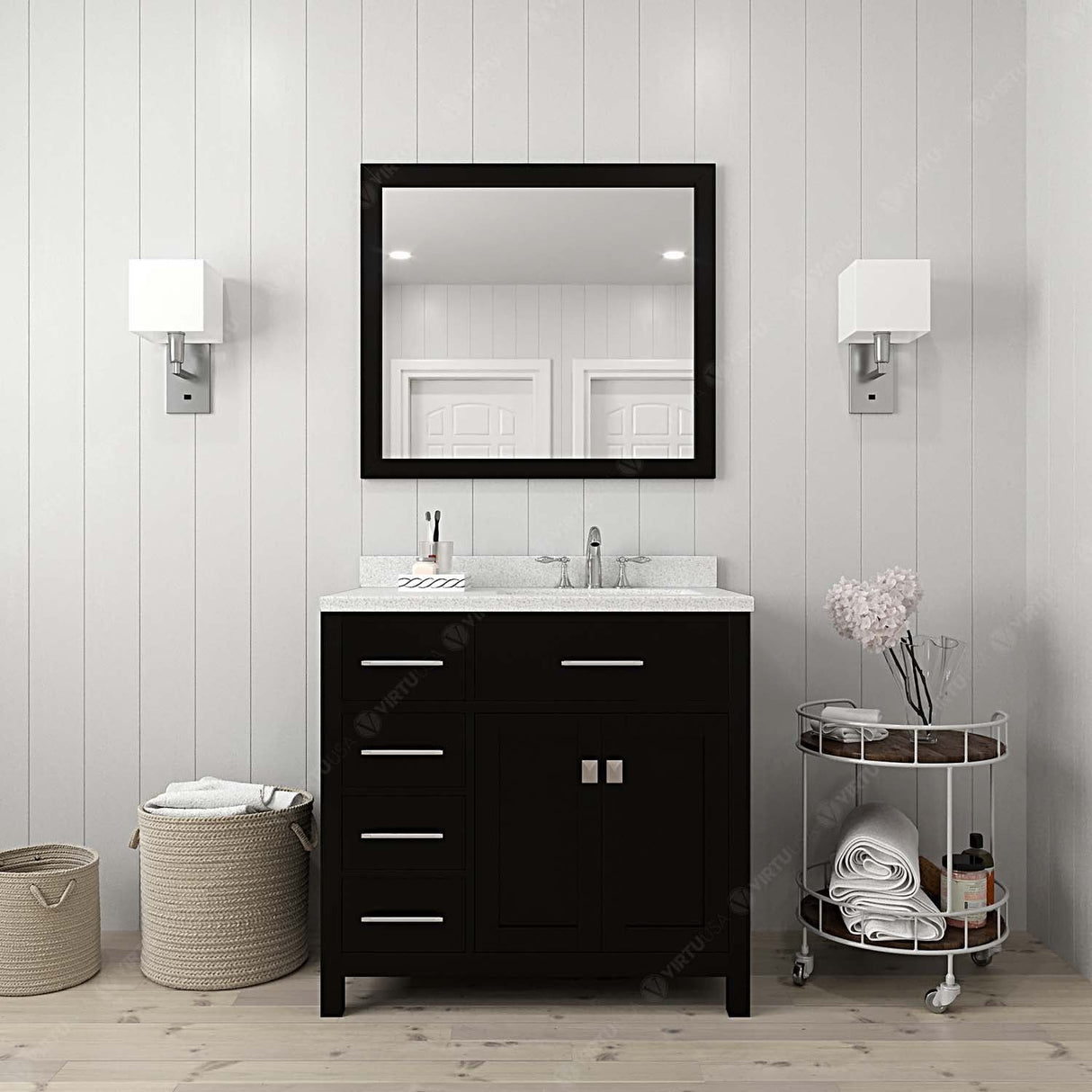 Virtu USA Caroline Parkway 36" Single Bath Vanity with Dazzle White Quartz Countertop and Round Sink with Polished Chrome Faucet with Matching Mirror