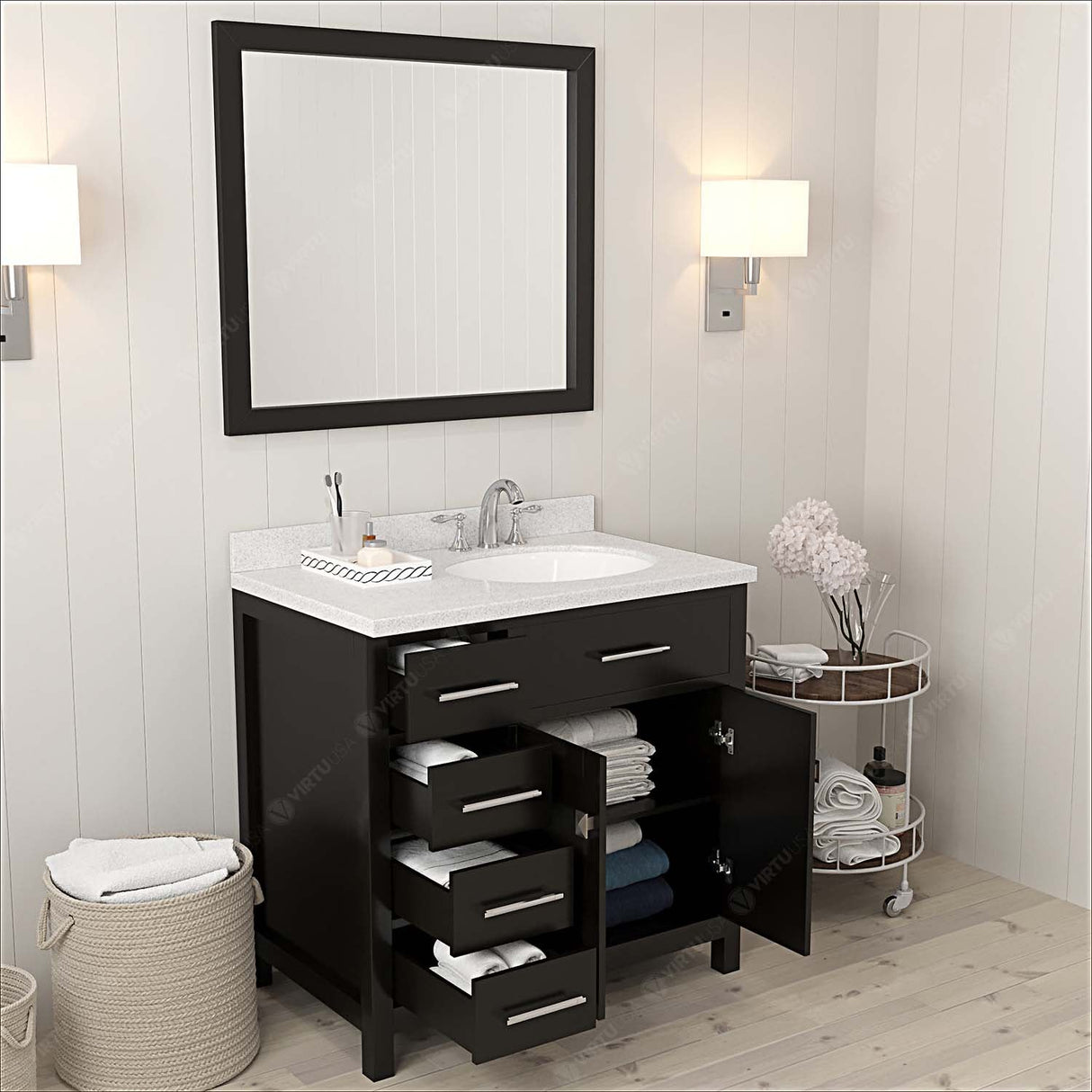 Virtu USA Caroline Parkway 36" Single Bath Vanity with Dazzle White Quartz Countertop and Round Sink with Matching Mirror