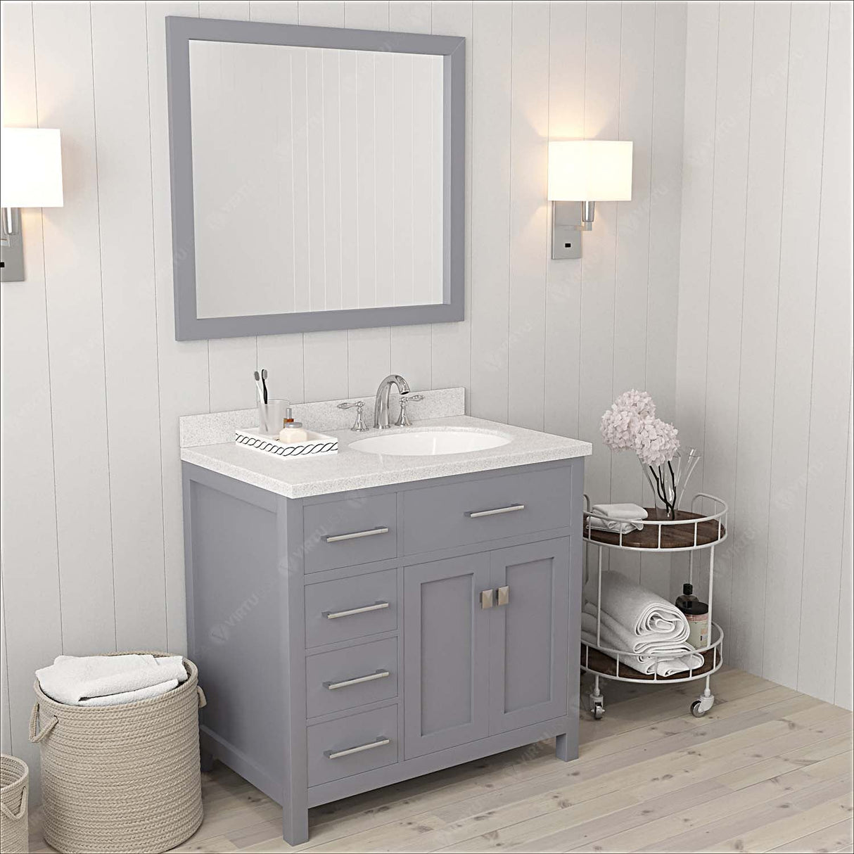 Virtu USA Caroline Parkway 36" Single Bath Vanity with Dazzle White Quartz Countertop and Round Sink with Polished Chrome Faucet with Matching Mirror