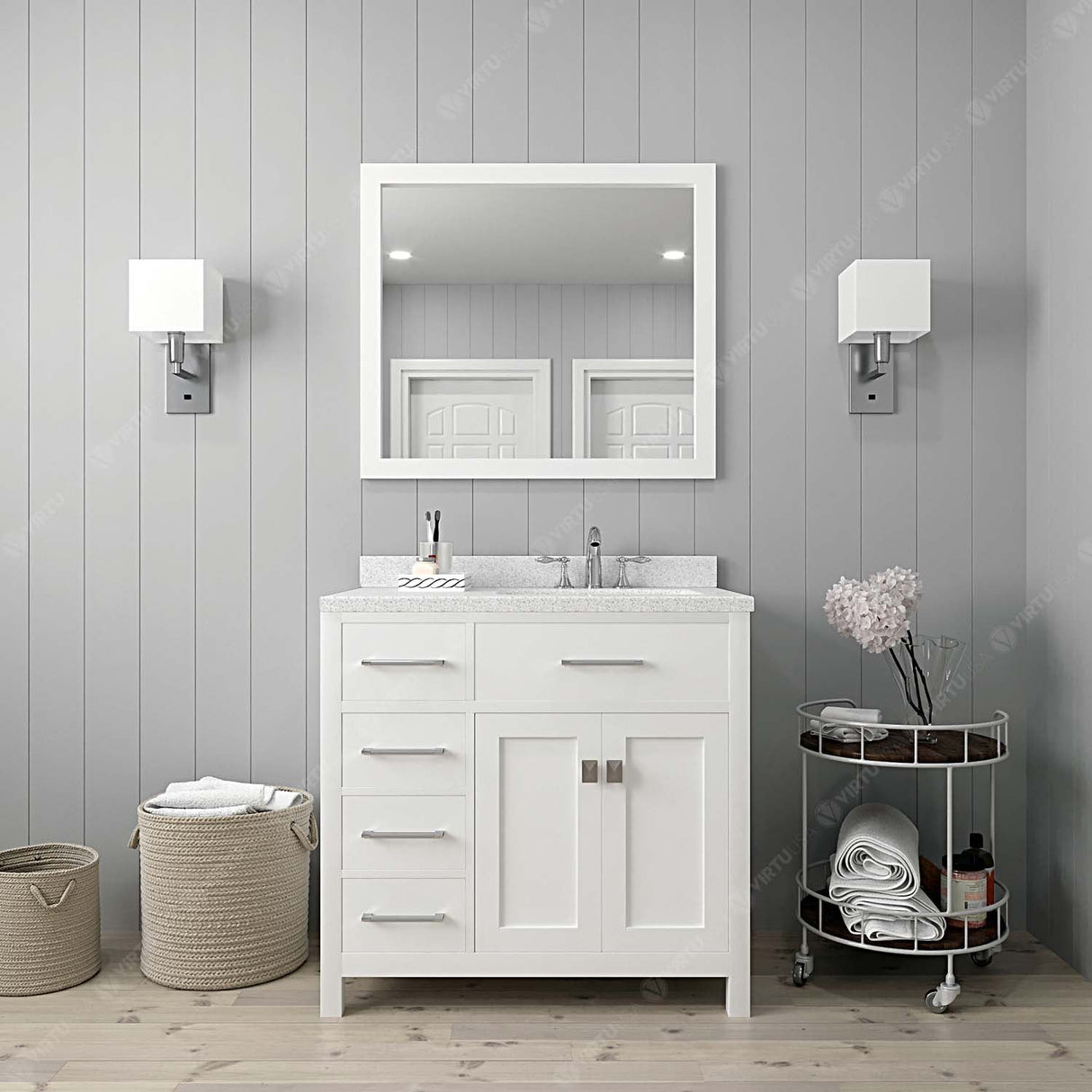 Virtu USA Caroline Parkway 36" Single Bath Vanity with Dazzle White Quartz Countertop and Round Sink with Brushed Nickel Faucet with Matching Mirror