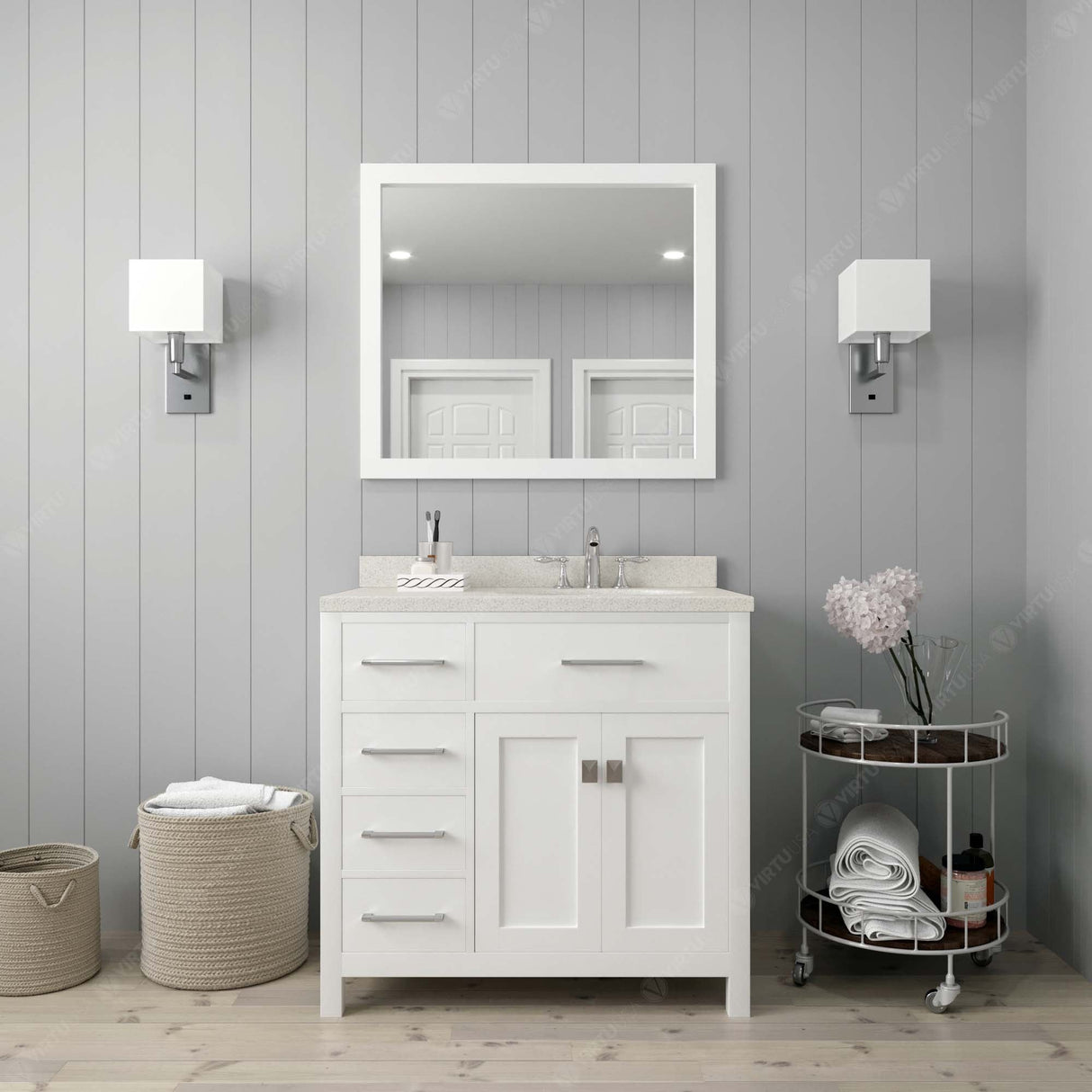 Virtu USA Caroline Parkway 36" Single Bath Vanity with Dazzle White Quartz Countertop and Round Sink with Polished Chrome Faucet with Matching Mirror