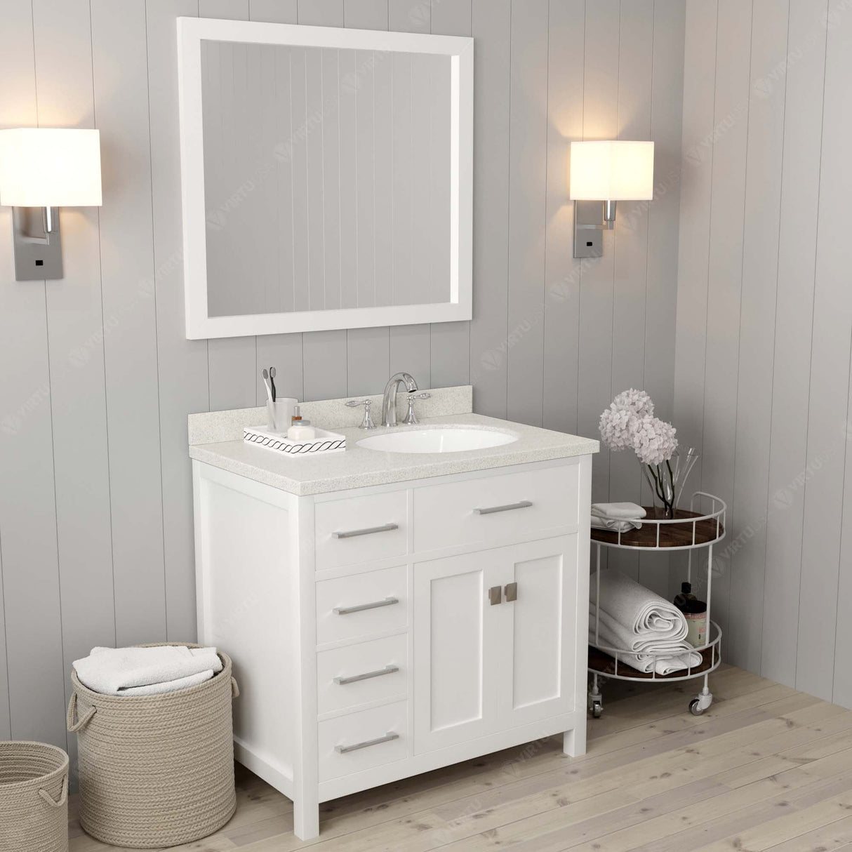 Virtu USA Caroline Parkway 36" Single Bath Vanity with Dazzle White Quartz Countertop and Round Sink with Polished Chrome Faucet with Matching Mirror