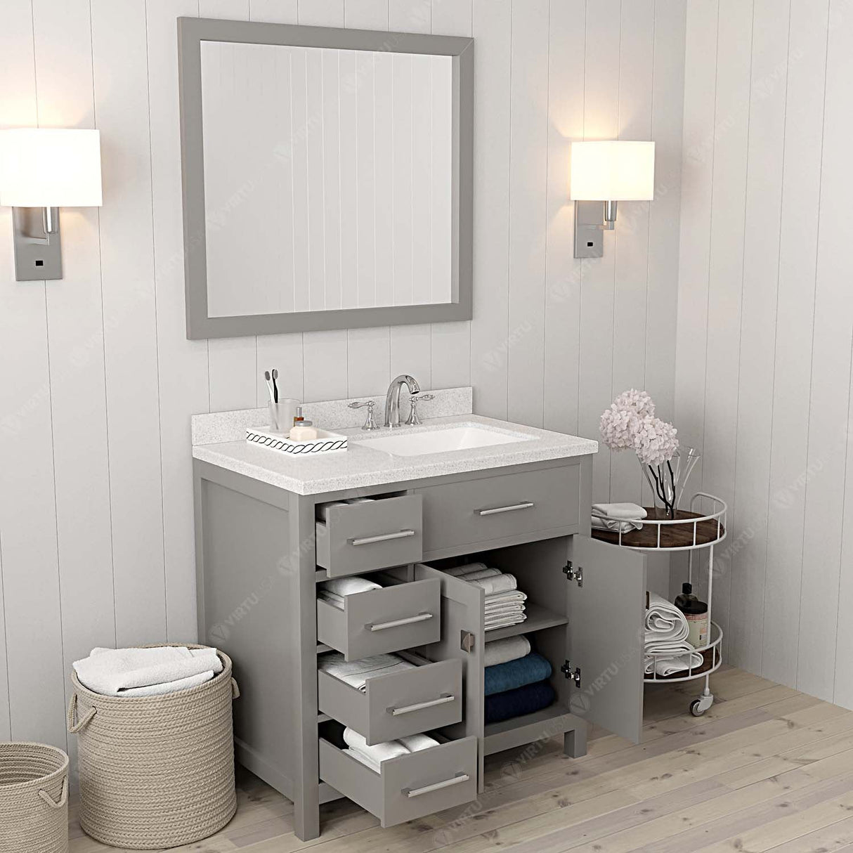 Virtu USA Caroline Parkway 36" Single Bath Vanity in White with White Quartz Top and Square Sink with Matching Mirror