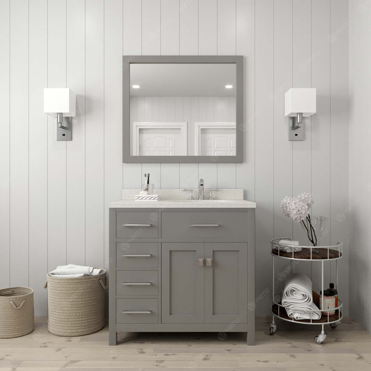 Virtu USA Caroline Parkway 36" Single Bath Vanity with Dazzle White Quartz Top and Square Sink with Brushed Nickel Faucet with Matching Mirror