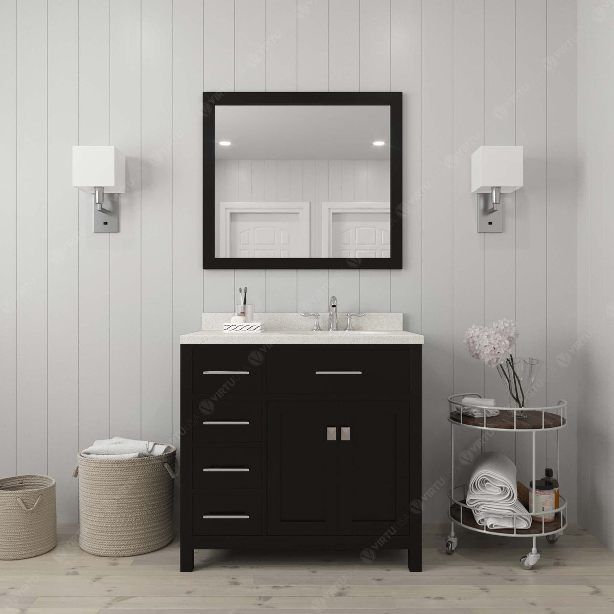 Virtu USA Caroline Parkway 36" Single Bath Vanity with Dazzle White Quartz Top and Square Sink with Brushed Nickel Faucet with Matching Mirror