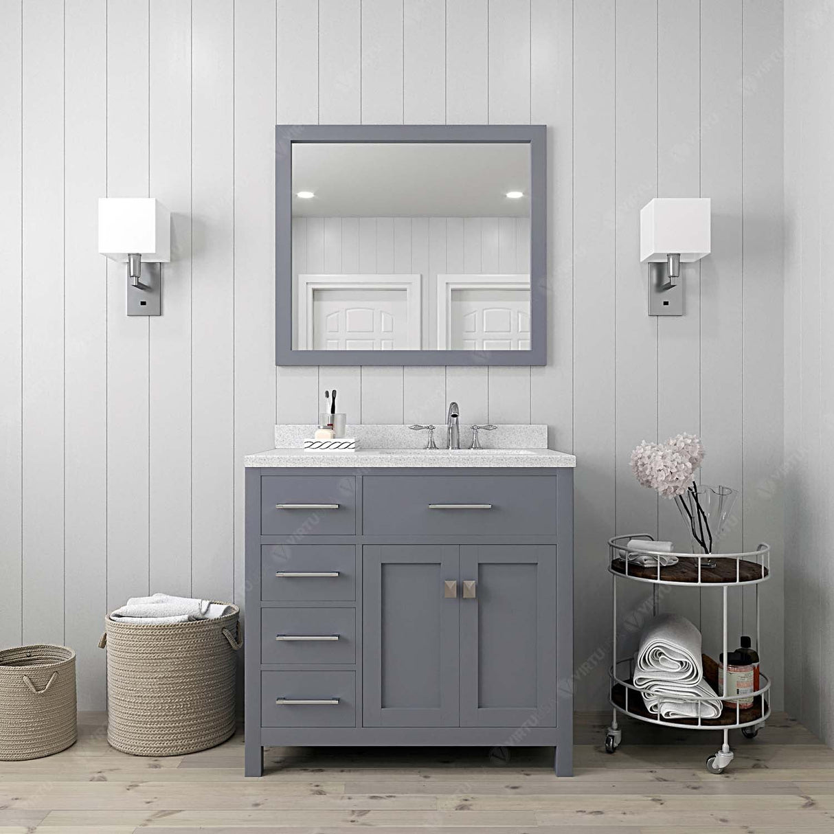 Virtu USA Caroline Parkway 36" Single Bath Vanity in White with White Quartz Top and Square Sink with Matching Mirror