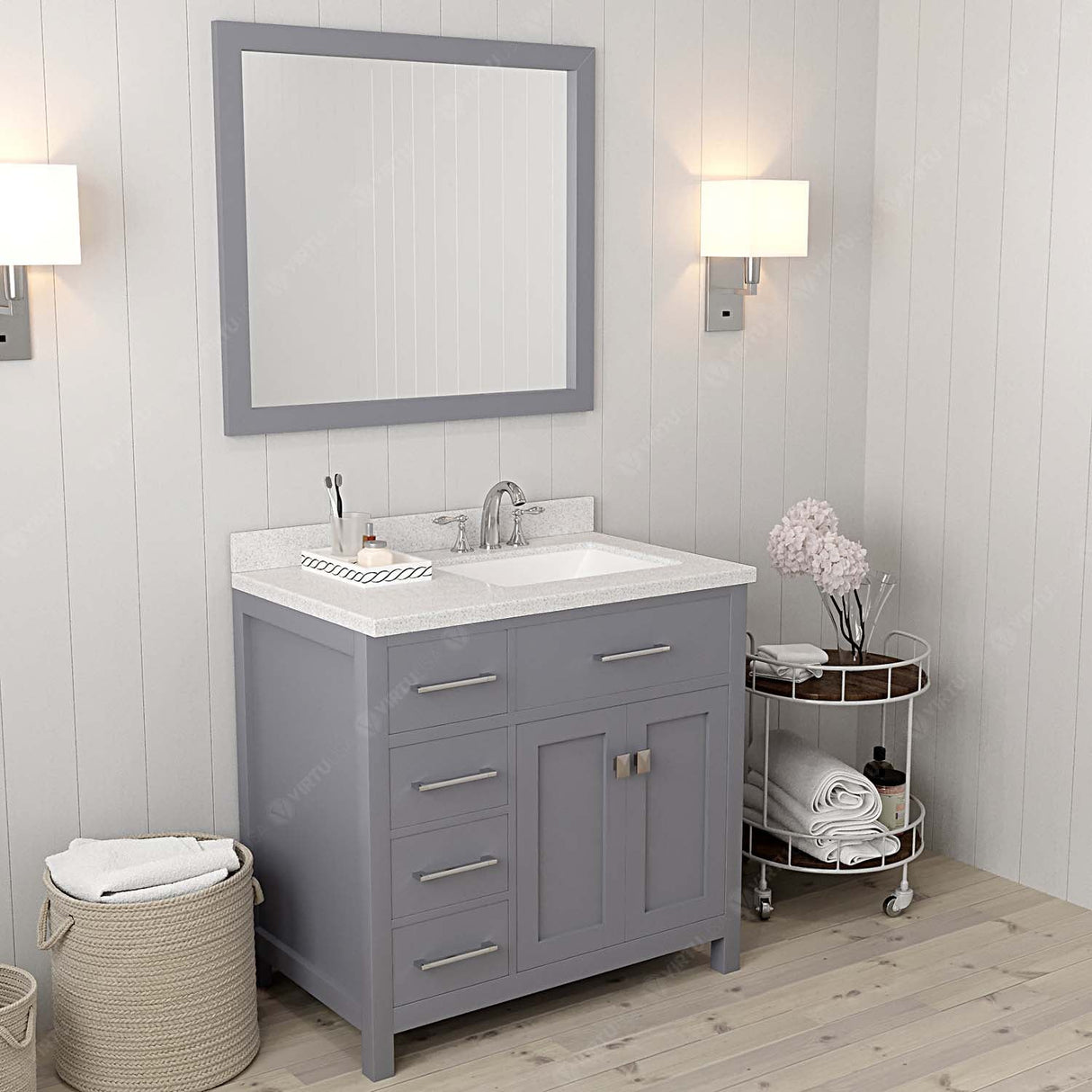 Virtu USA Caroline Parkway 36" Single Bath Vanity in White with White Quartz Top and Square Sink with Matching Mirror