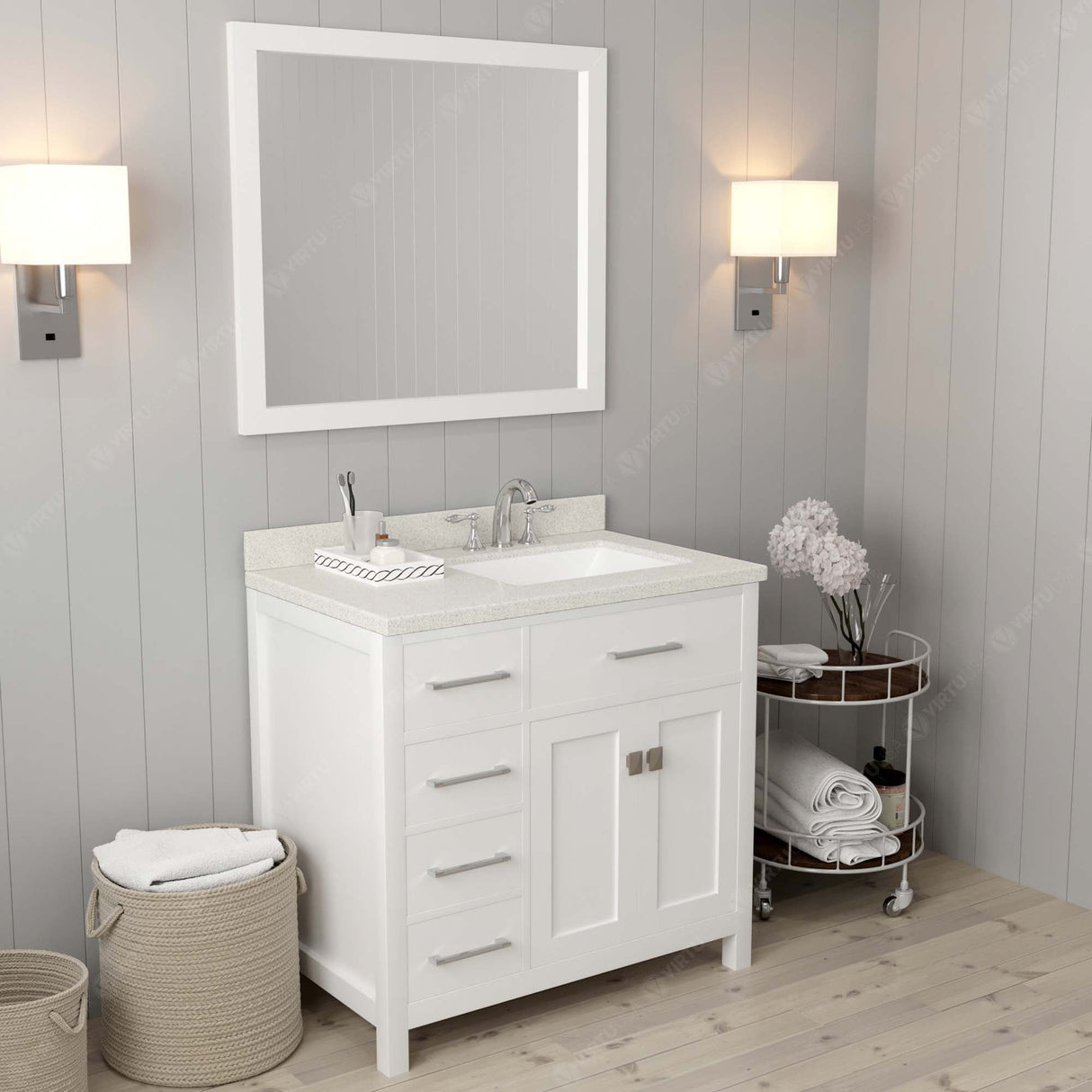 Virtu USA Caroline Parkway 36" Single Bath Vanity with Dazzle White Quartz Top and Square Sink with Polished Chrome Faucet with Matching Mirror