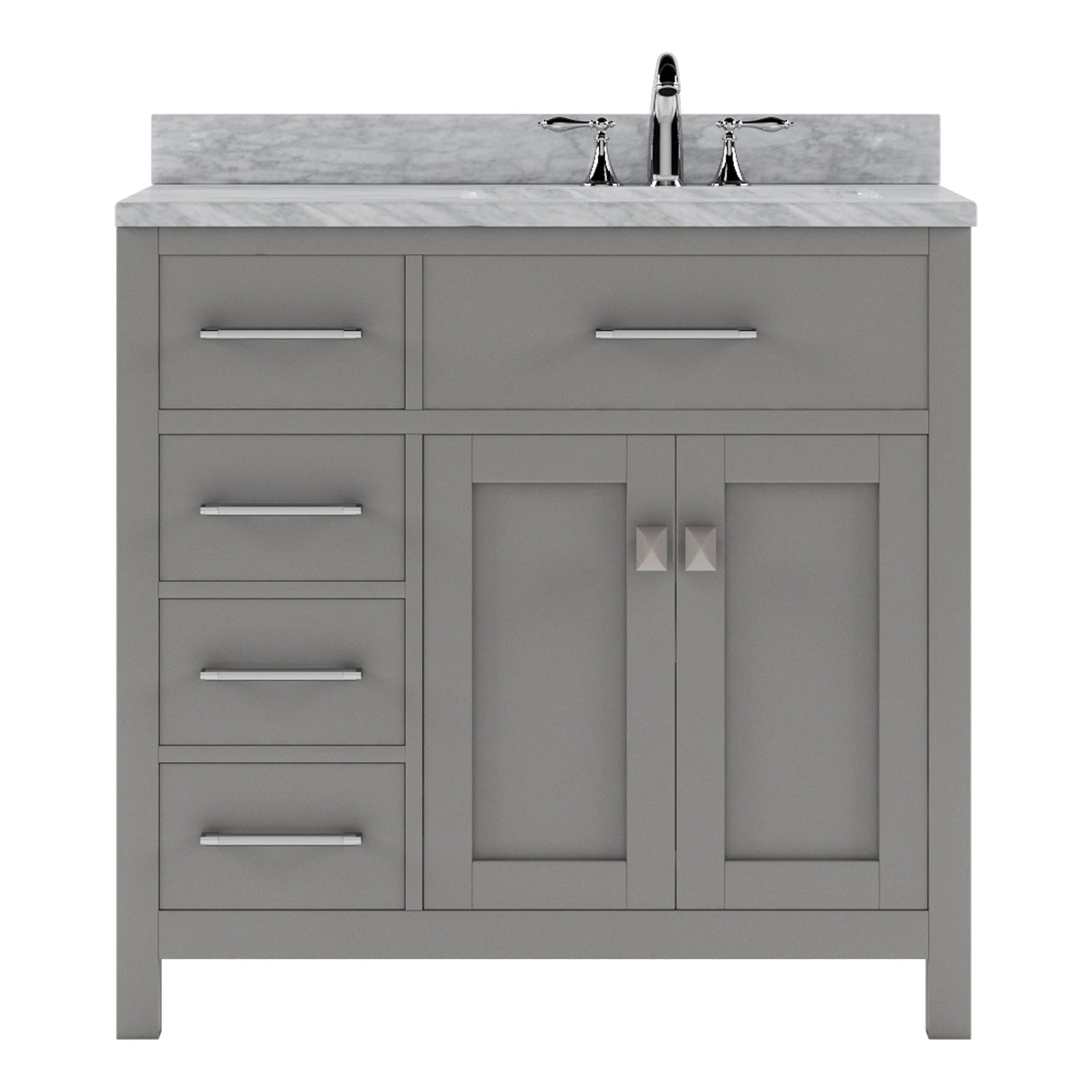 Virtu USA Caroline Parkway 36" Single Bath Vanity with Italian Carrara White Marble Top and Round Sink with Brushed Nickel Faucet with Matching Mirror