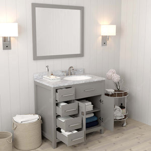 Virtu USA Caroline Parkway 36" Single Bath Vanity with Italian Carrara White Marble Top and Round Sink with Brushed Nickel Faucet with Matching Mirror