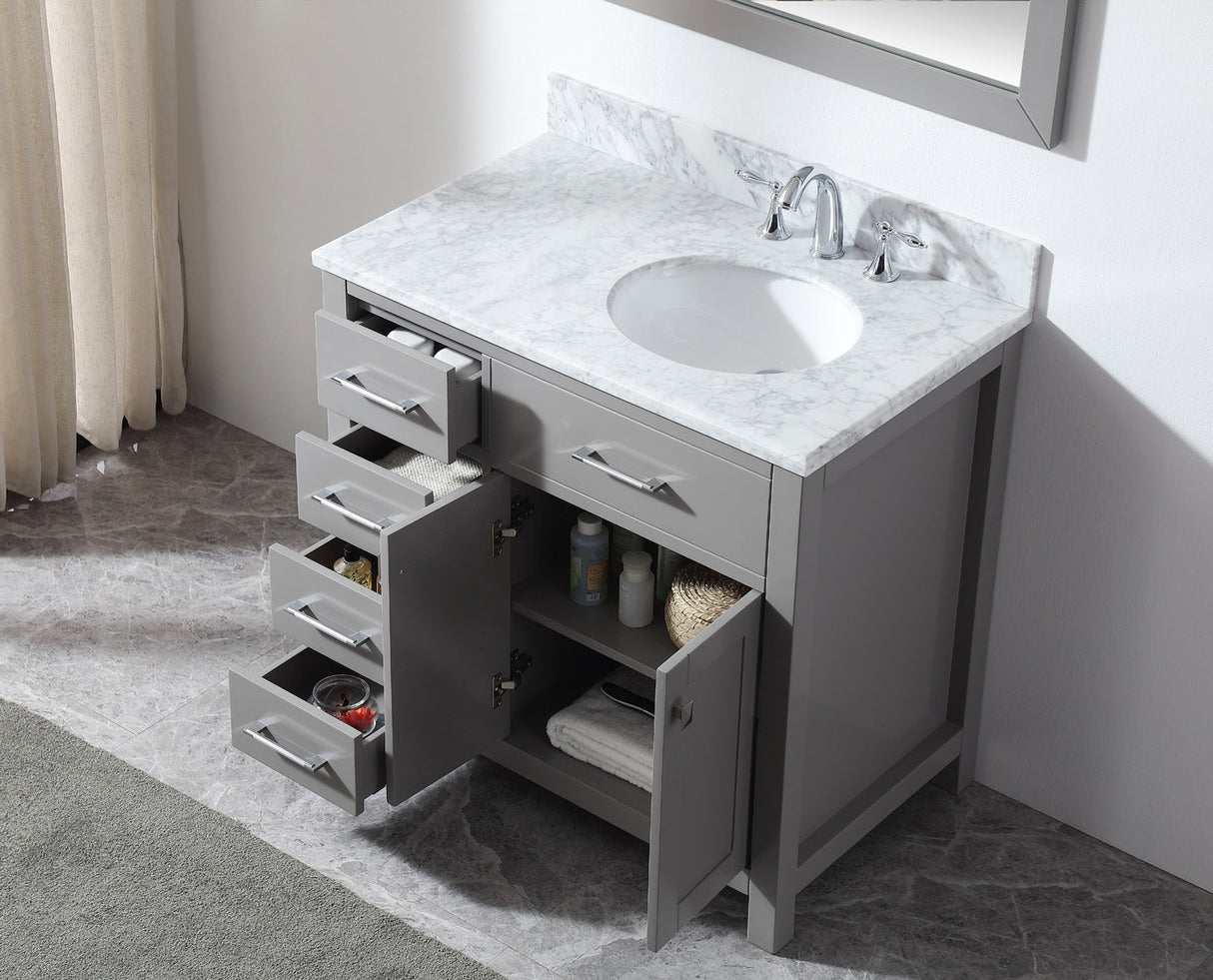 Virtu USA Caroline Parkway 36" Single Bath Vanity with Italian Carrara White Marble Top and Round Sink with Brushed Nickel Faucet with Matching Mirror