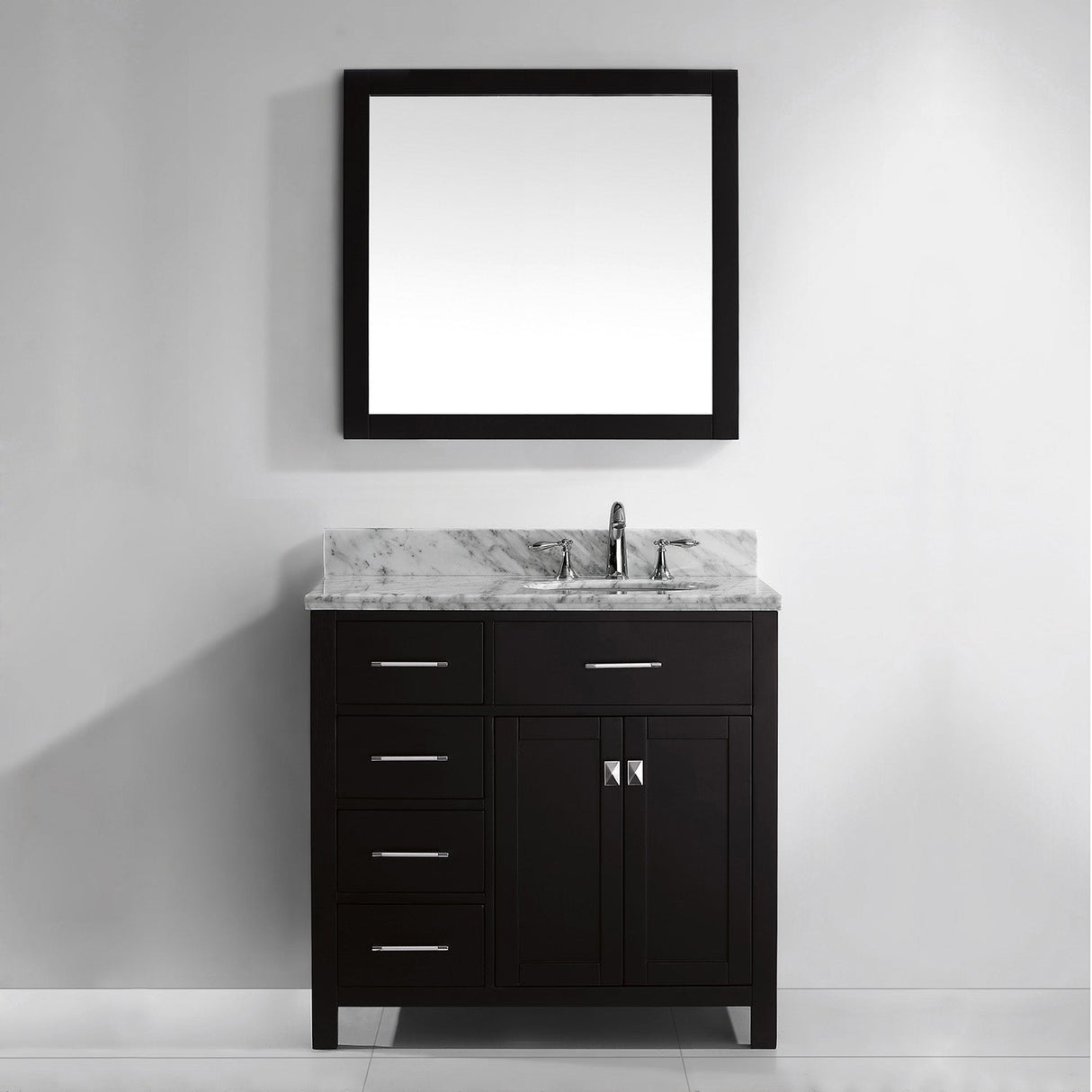 Virtu USA Caroline Parkway 36" Single Bath Vanity with Italian Carrara White Marble Top and Round Sink with Brushed Nickel Faucet with Matching Mirror