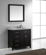 Virtu USA Caroline Parkway 36" Single Bath Vanity with Italian Carrara White Marble Top and Round Sink with Brushed Nickel Faucet with Matching Mirror