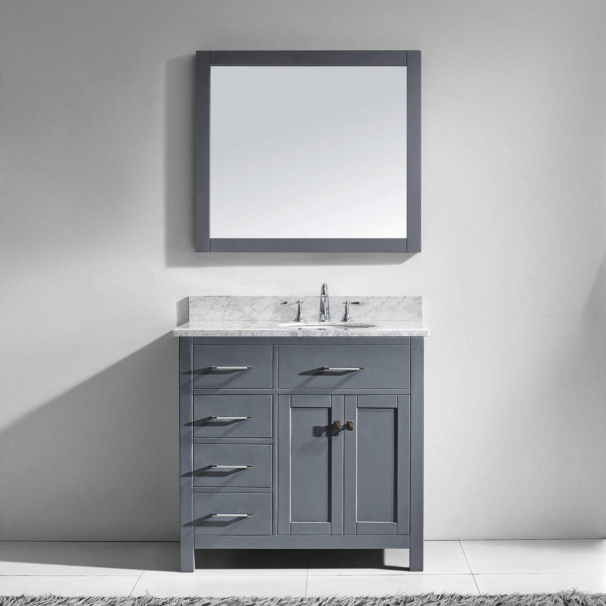 Virtu USA Caroline Parkway 36" Single Bath Vanity with Italian Carrara White Marble Top and Round Sink with Brushed Nickel Faucet with Matching Mirror