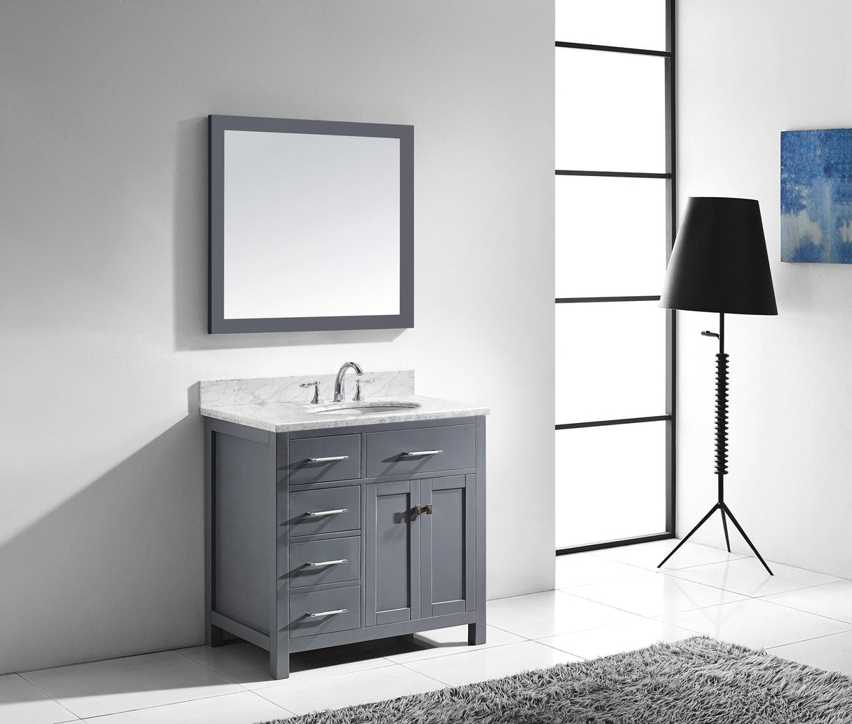 Virtu USA Caroline Parkway 36" Single Bath Vanity with Italian Carrara White Marble Top and Round Sink with Brushed Nickel Faucet with Matching Mirror