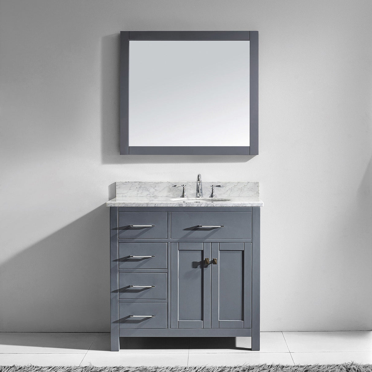 Virtu USA Caroline Parkway 36" Single Bath Vanity with Italian Carrara White Marble Top and Square Sink with Polished Chrome Faucet with Matching Mirror