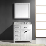 Virtu USA Caroline Parkway 36" Single Bath Vanity with Italian Carrara White Marble Top and Round Sink with Brushed Nickel Faucet with Matching Mirror