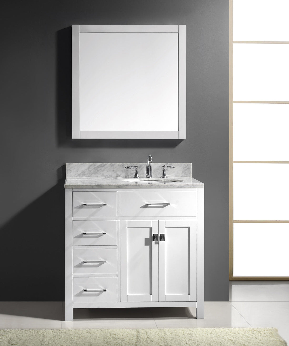 Virtu USA Caroline Parkway 36" Single Bath Vanity with Italian Carrara White Marble Top and Round Sink with Brushed Nickel Faucet with Matching Mirror