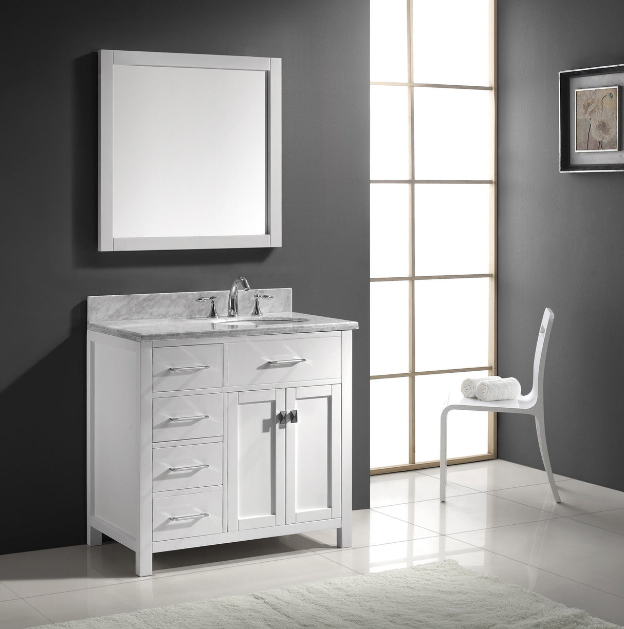 Virtu USA Caroline Parkway 36" Single Bath Vanity with Italian Carrara White Marble Top and Round Sink with Brushed Nickel Faucet with Matching Mirror