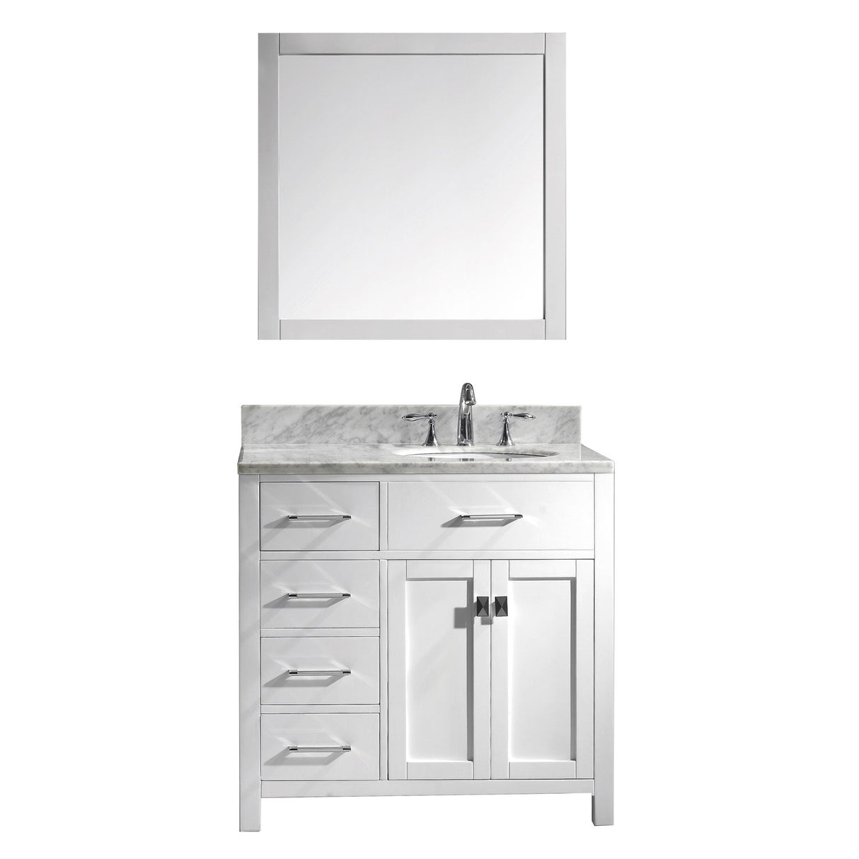 Virtu USA Caroline Parkway 36" Single Bath Vanity in White with Marble Top and Round Sink with Brushed Nickel Faucet and Mirror - Luxe Bathroom Vanities Luxury Bathroom Fixtures Bathroom Furniture