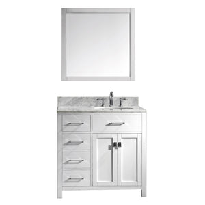 Virtu USA Caroline Parkway 36" Single Bath Vanity in White with Marble Top and Round Sink with Brushed Nickel Faucet and Mirror - Luxe Bathroom Vanities Luxury Bathroom Fixtures Bathroom Furniture