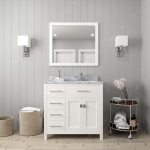 Virtu USA Caroline Parkway 36" Single Bath Vanity with White Marble Top and Round Sink with Matching Mirror