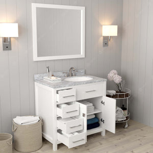 Virtu USA Caroline Parkway 36" Single Bath Vanity with White Marble Top and Round Sink with Matching Mirror