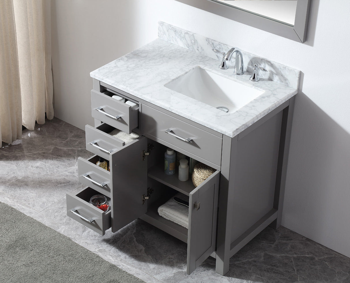 Virtu USA Caroline Parkway 36" Single Bath Vanity with White Marble Top and Square Sink with Polished Chrome Faucet with Matching Mirror