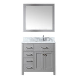 Virtu USA Caroline Parkway 36" Single Bath Vanity with White Marble Top and Square Sink with Polished Chrome Faucet with Matching Mirror