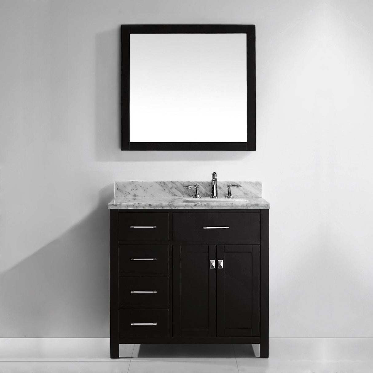 Virtu USA Caroline Parkway 36" Single Bath Vanity with White Marble Top and Square Sink with Polished Chrome Faucet with Matching Mirror