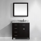 Virtu USA Caroline Parkway 36" Single Bath Vanity with White Marble Top and Square Sink with Polished Chrome Faucet with Matching Mirror