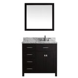 Virtu USA Caroline Parkway 36" Single Bath Vanity with White Marble Top and Square Sink with Polished Chrome Faucet with Matching Mirror