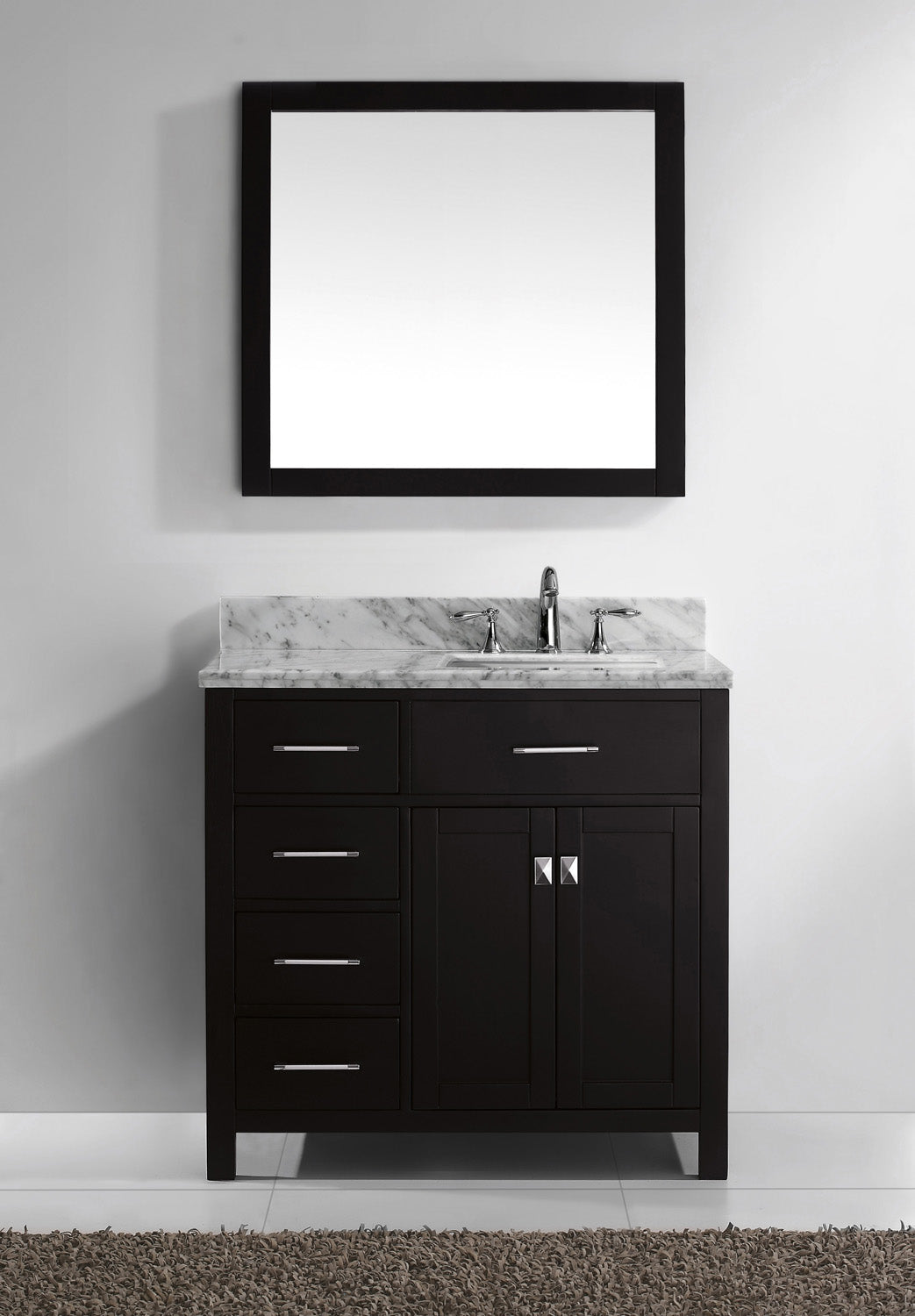 Virtu USA Caroline Parkway 36" Single Bath Vanity with White Marble Top and Square Sink with Matching Mirror