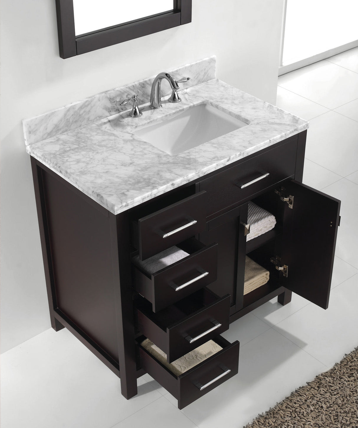 Virtu USA Caroline Parkway 36" Single Bath Vanity with White Marble Top and Square Sink with Matching Mirror