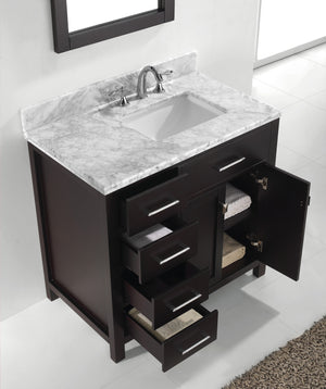 Virtu USA Caroline Parkway 36" Single Bath Vanity with White Marble Top and Square Sink with Matching Mirror