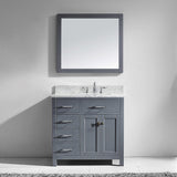 Virtu USA Caroline Parkway 36" Single Bath Vanity with White Marble Top and Square Sink with Polished Chrome Faucet with Matching Mirror