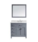 Virtu USA Caroline Parkway 36" Single Bath Vanity with White Marble Top and Square Sink with Polished Chrome Faucet with Matching Mirror